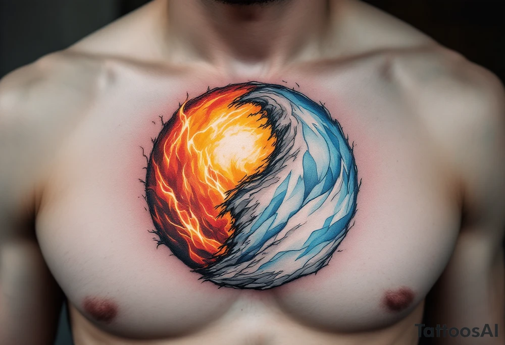 A circle made of fire and ice: one half glowing orange-red, the other pale blue and white. tattoo idea