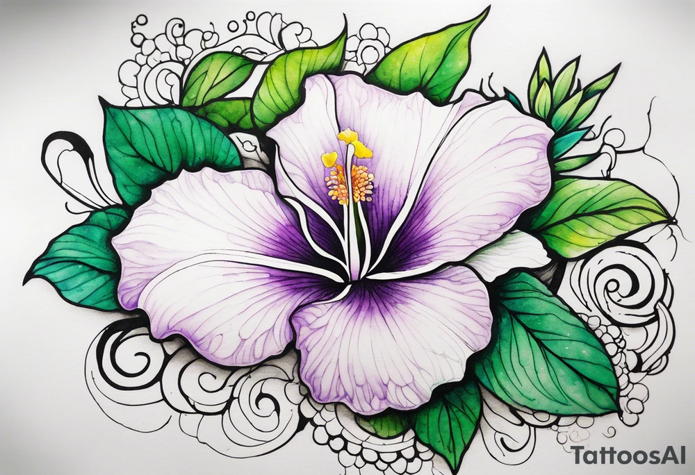 A mystical outline of a rio dipladenia flower and a green/purple watercolor splash in the background tattoo idea