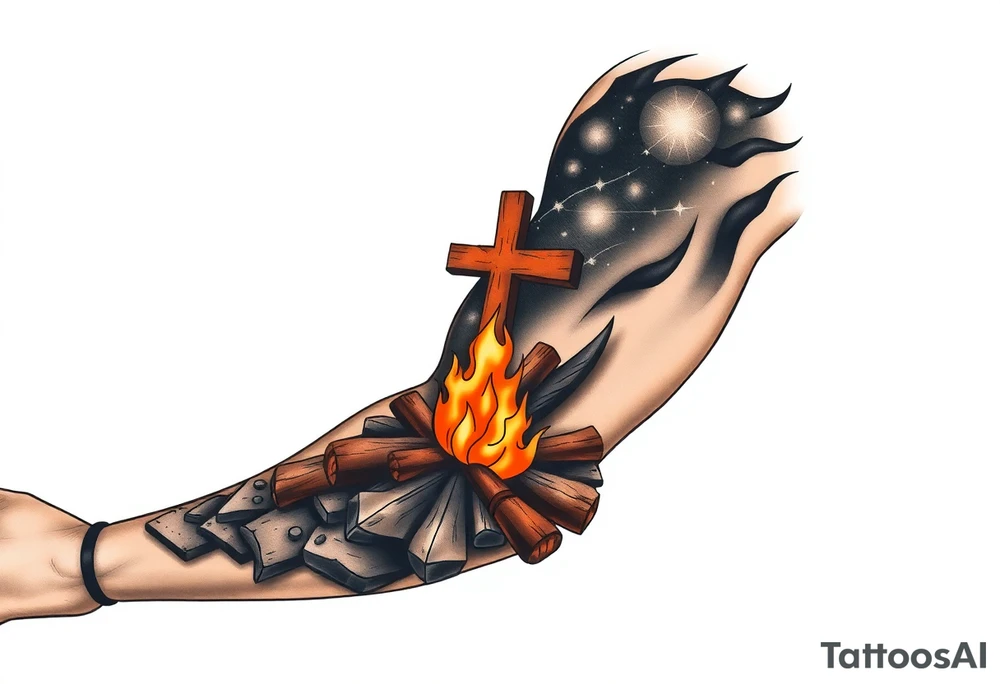 Campfire with cross include the great outdoors and night sky make sure cross doesn't look like it is on fire tattoo idea