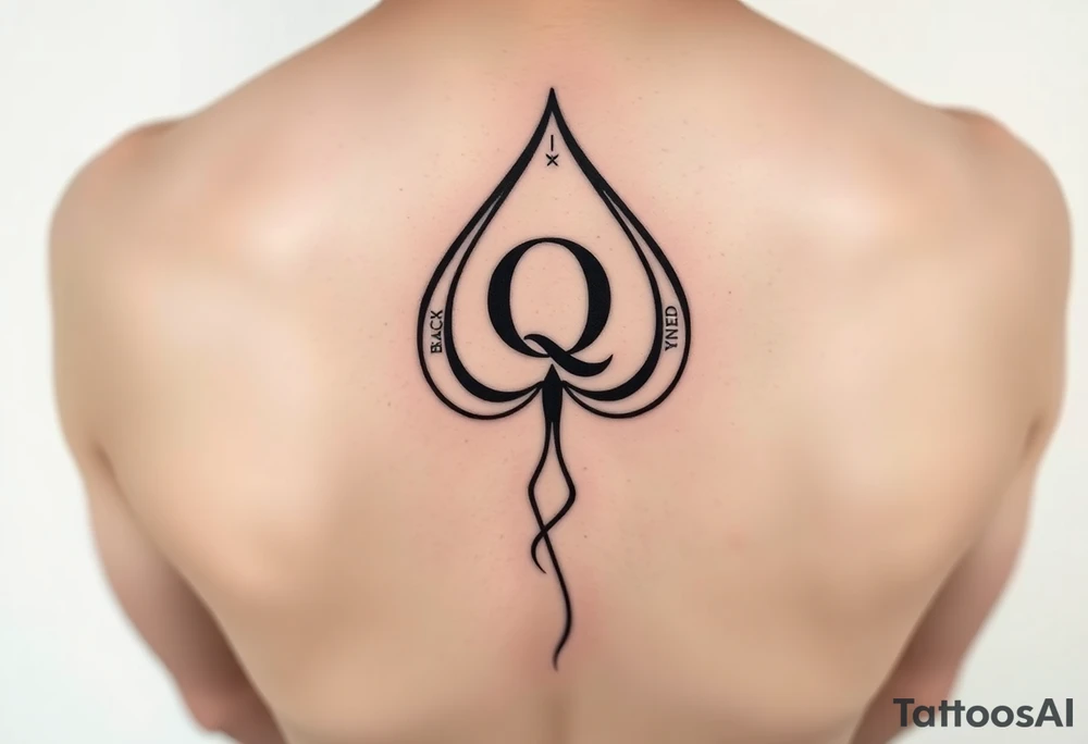 A spade womb tattoo with a Q in the center, with three points around the outside. The first reading, "BLACK". The second reading, "SEED". The third reading, "ONLY". A winding tail at the bottom of the spade. tattoo idea