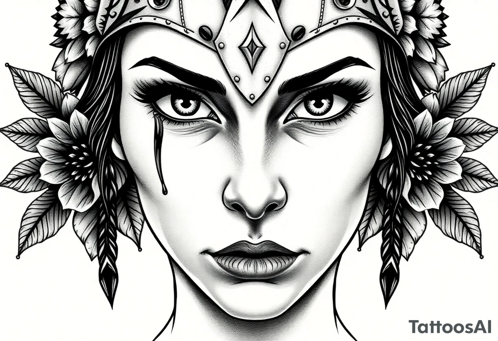 Young Symmetrical Beautiful Woman, looking forward, with colored eyes, shedding a tear, with battle scars and blood on face, with soft look, wearing a mean looking bear headdress on head, with flower background tattoo idea