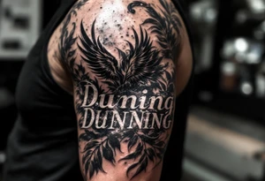 Dunning, Details include on left arm, name in white color,angel wing, wet jungle leaves,cool font, galaxy background filling, tattoo idea