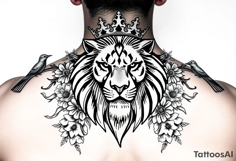powerful majestic lion with a crown, surrounded by floral ornaments and birds tattoo idea