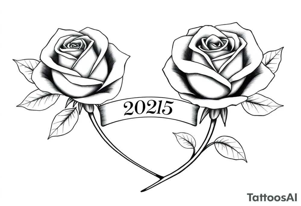 two beautiful large rose buds, one larger than the other, with many leaves next to the rose buds, with one sitting higher than the other. Include a banner connecting the two roses with the year "2025" on it.   Use dark outlines with little shading. The two stems should be short, not long, and connect and join into one stem, whimsically curved or twisted - not straight down. tattoo idea