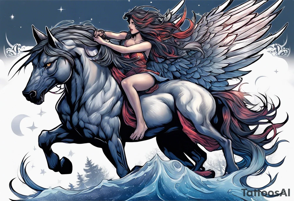 Female werewolf and Pegasus fighting in the night tattoo idea