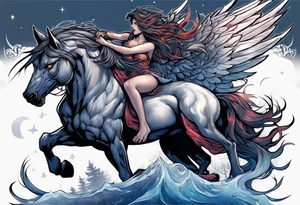 Female werewolf and Pegasus fighting in the night tattoo idea
