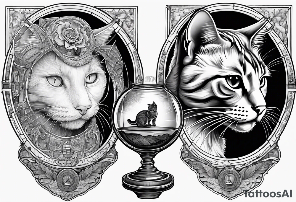 Brain in sagittal section and coguar cat face inside hourglass. Brain in lower level, coguar in an upper level tattoo idea