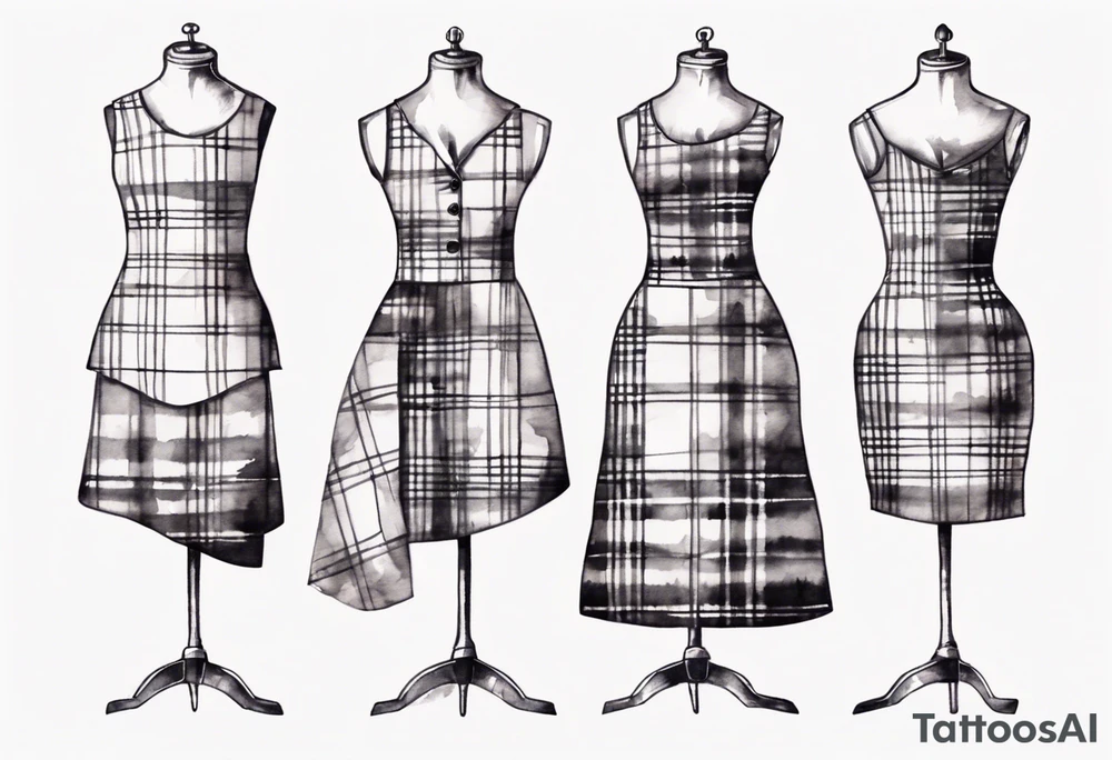 Tailor's mannequin with a little girl's plaid dress consisting of skirt and vest on top. Watercolour style tattoo idea