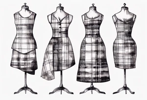 Tailor's mannequin with a little girl's plaid dress consisting of skirt and vest on top. Watercolour style tattoo idea