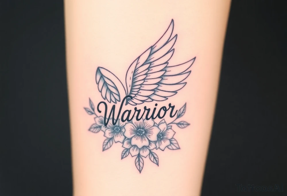 beautiful majestic angel wing with word "Warrior" and bold flowers tattoo idea