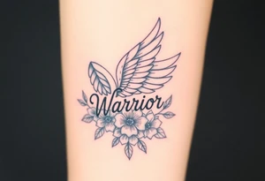 beautiful majestic angel wing with word "Warrior" and bold flowers tattoo idea