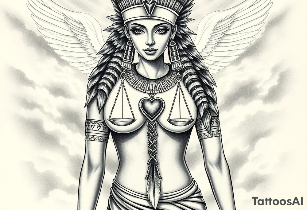 Beautiful Egyptian goddess with a curvy body and breasts covered by a slim dress. She is wearing an ostrich feather headdress, and intricate ancient Egyptian jewelry the Anhk necklace. Background includes something similar to heaven. Incorporate the Scales of Justice—one side holding a heart, the other Ma’at’s feather—glowing with ethereal energy. Emphasize dramatic lighting, deep shadows, and surreal, mystical atmosphere tattoo idea