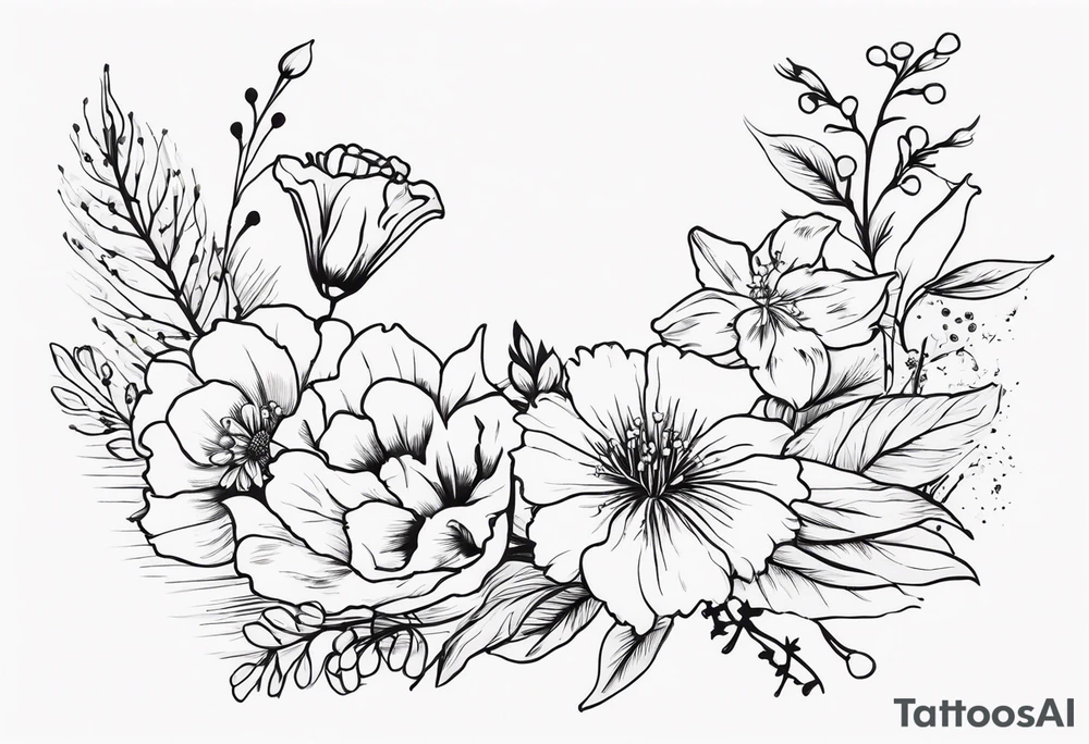 elbow to foearm twist of flowers . carnations, lily of the valley, larkspur, cosmos, holly, and chrysanthemum tattoo idea