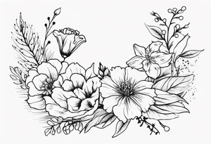 elbow to foearm twist of flowers . carnations, lily of the valley, larkspur, cosmos, holly, and chrysanthemum tattoo idea
