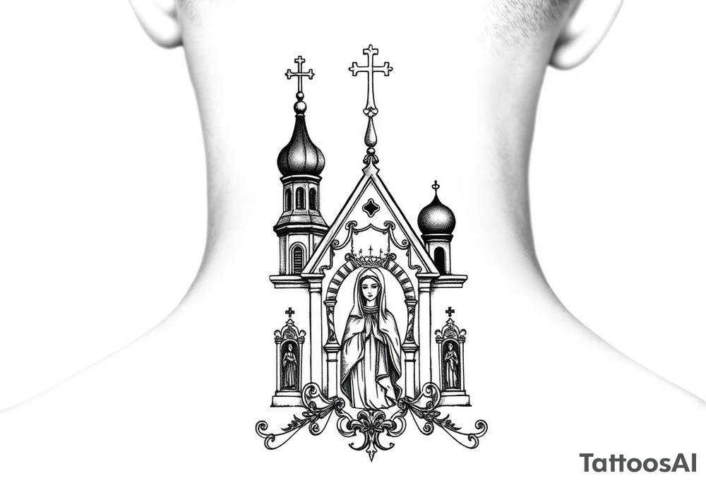 medium traditional russian orthodox church with a russian coat arms and virgin mary tattoo idea