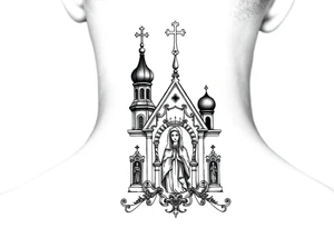 medium traditional russian orthodox church with a russian coat arms and virgin mary tattoo idea