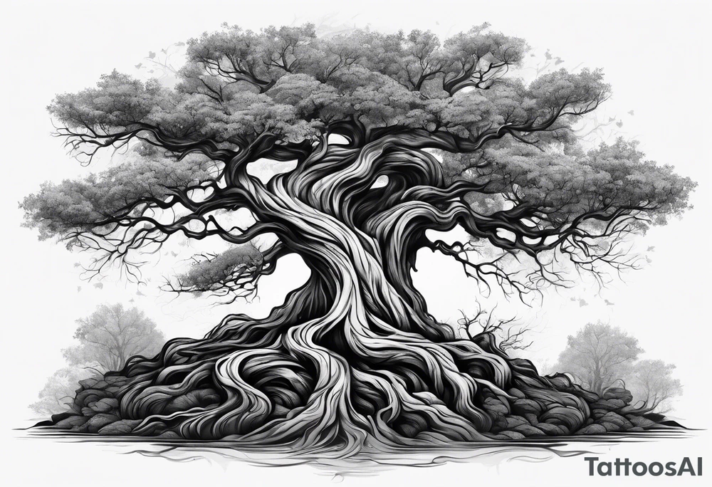 twisted tree with long roots and branches tattoo idea