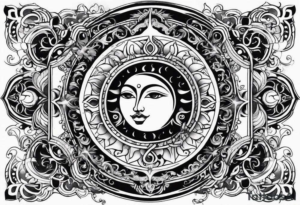 Sun and moon sternum swirls tattoo idea