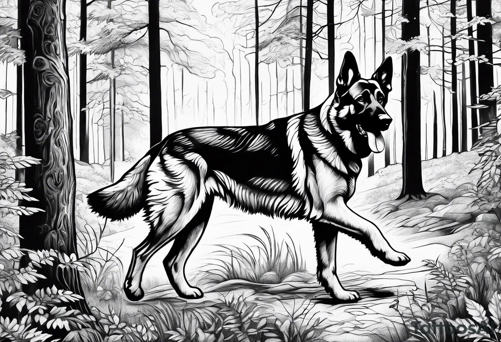 German shepherd dog walking in a forest tattoo idea