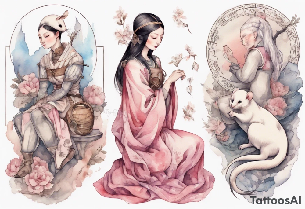 a pink ermine sitting on the lap of a beautiful medieval woman tattoo idea