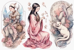 a pink ermine sitting on the lap of a beautiful medieval woman tattoo idea