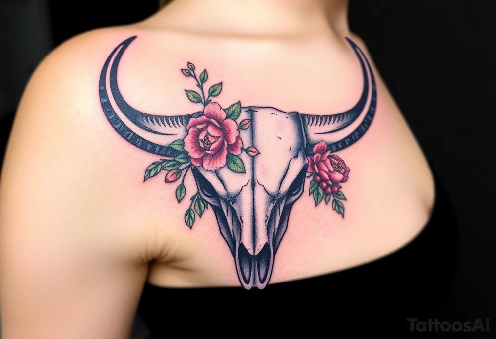 Buffalo skull with flowers. Peony, snowdrop, holly with berries, larkspur, peony. Colour. For upper arm. Masculin. 2:1 aspect

Have one peony and snowdrop above horns. Have holly with berries, larkspur, peony below horns. tattoo idea
