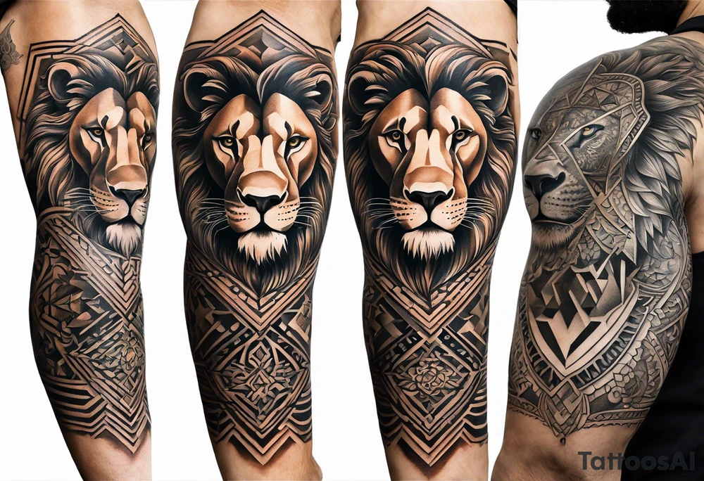 A full tattoo sleeve designed with a strong, masculine aesthetic, featuring a powerful lion as the centerpiece. The lion, symbolizing strength, courage, and leadership, is depicted with intricate detail and dynamic shading, capturing its fierce expression and majestic mane. Surrounding the lion, incorporate geometric patterns that add structure and contrast to the design. These patterns are bold and angular, creating a sense of order and symmetry that complements the natural form of the lion. The geometric elements are woven around the lion, emphasizing its central position while providing a modern, edgy backdrop. The shading throughout the sleeve is deep and dramatic, enhancing the contrast between the organic features of the lion and the precise lines of the geometric patterns. The overall design is bold, intense, and visually striking, combining the raw power of the lion with the clean, ordered aesthetic of geometric patterns for a cohesive and masculine tattoo sleeve. tattoo idea