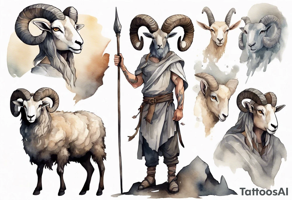 a broad-shouldered man with the head of a big-horned sheep, wearing a grey tunic standing before a cave tattoo idea