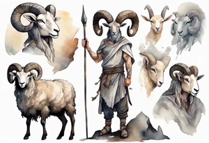 a broad-shouldered man with the head of a big-horned sheep, wearing a grey tunic standing before a cave tattoo idea
