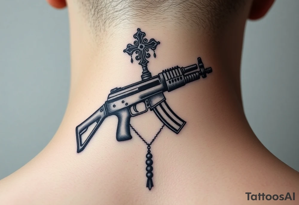 russian christian orthodox but in a AK47 style with a beaded orthodox thurible chain tattoo idea