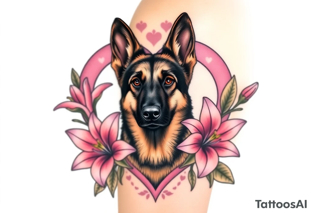 strong looking short haired german shepherd with alert ears surrounded by pink lilies with large leaves in front of a sacred heart tattoo idea