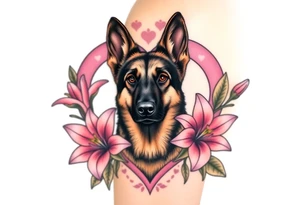 strong looking short haired german shepherd with alert ears surrounded by pink lilies with large leaves in front of a sacred heart tattoo idea