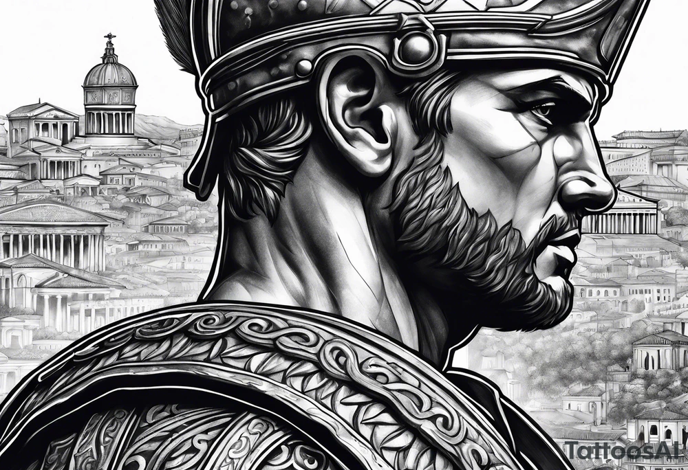 Close up of roman solider with city in the background tattoo idea