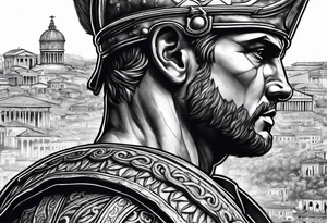 Close up of roman solider with city in the background tattoo idea