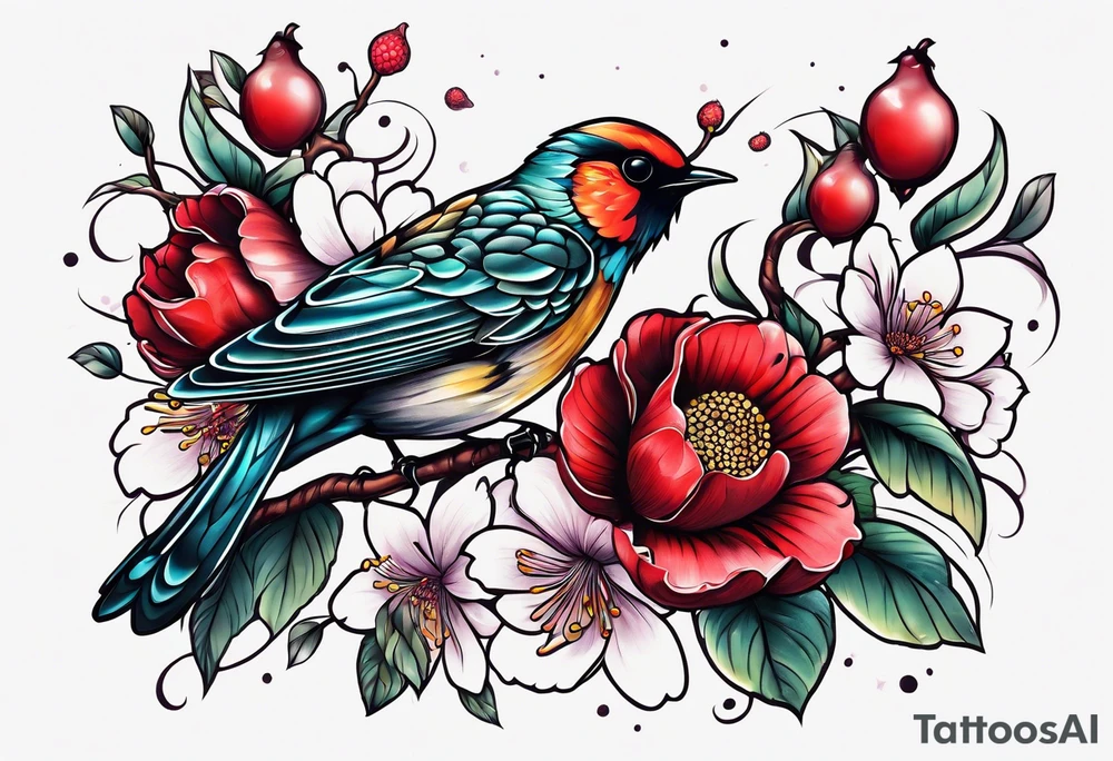 Two birds, two bees, red fruit tattoo idea