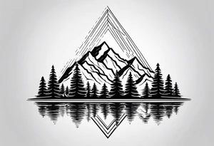Black line tattoo with three different sizes triangles forming a mountain range with three trees tattoo idea