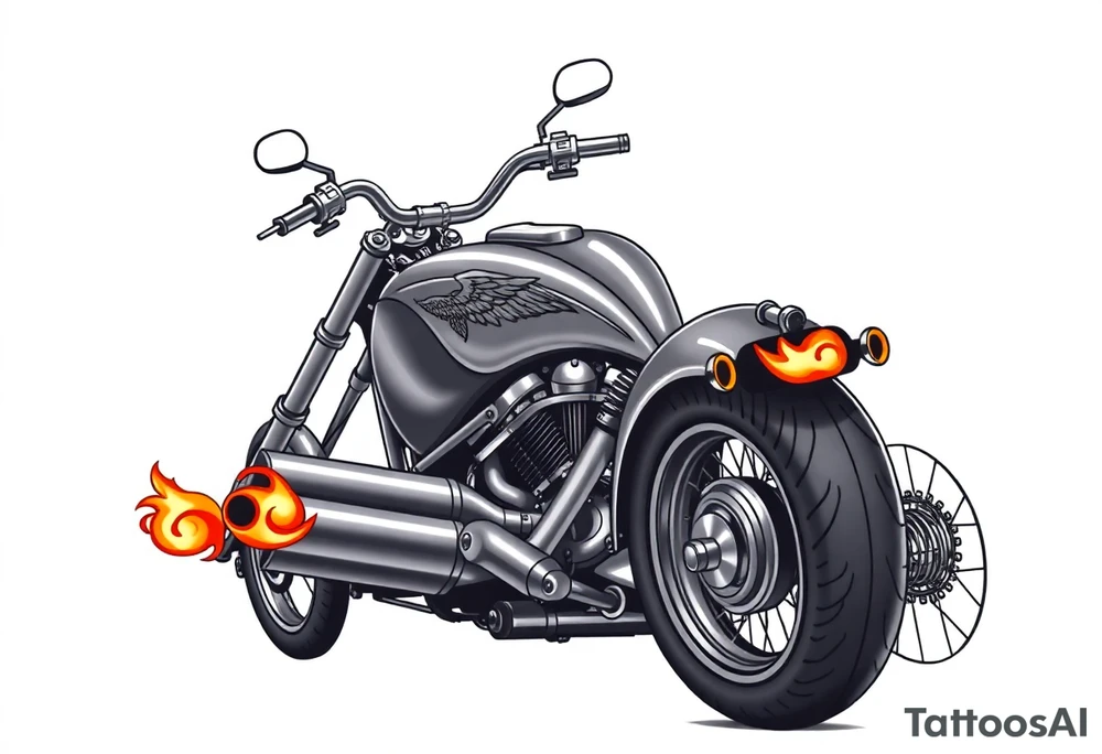 Low rider grey motorcycle, big muffler pipes with flames, angel wings, driving away, no person tattoo idea