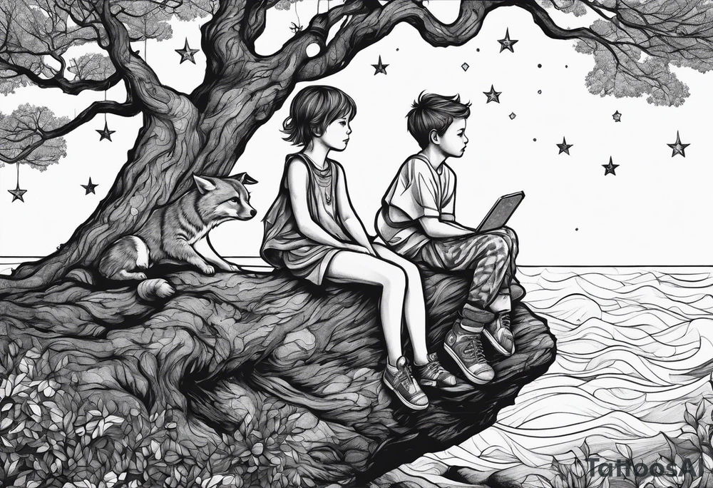 Two siblings watching a starfall by the sea. They are sitting on a tree branch in the woods and having an angel by There side tattoo idea