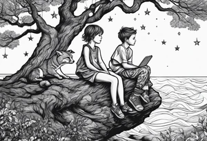 Two siblings watching a starfall by the sea. They are sitting on a tree branch in the woods and having an angel by There side tattoo idea