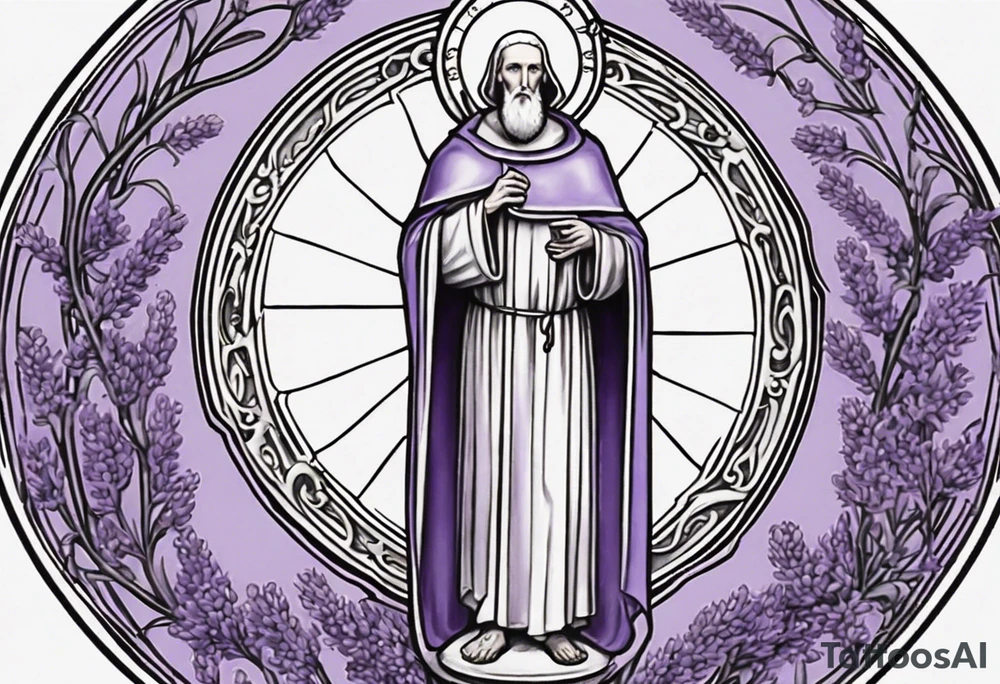 I'm looking for a custom tattoo design featuring a faithful and precise representation of the Saint Benedict medal, surrounded by delicately intertwined lavender flowers to create a harmonious and aesthetically pleasing composition. The focus should be on maintaining the authenticity of the Saint Benedict medal while incorporating the serene beauty of lavender blooms around it. The design should strike a balance that captures the symbolic essence of the medal within a visually appealing tattoo. tattoo idea