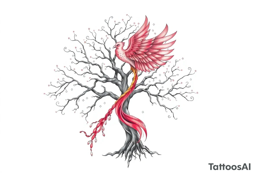 Tree of life with phoenix and northern lights tattoo idea