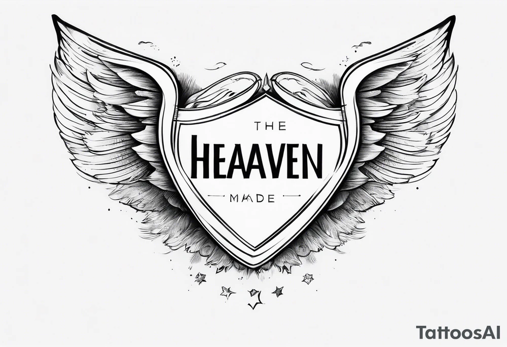 the words "Heaven Made" with angel wings on the side of the phrase tattoo idea