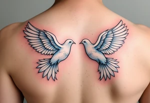 A pair of 3D doves with outstretched wings, their feathers detailed in soft whites and subtle blues, symbolizing peace and unity. tattoo idea