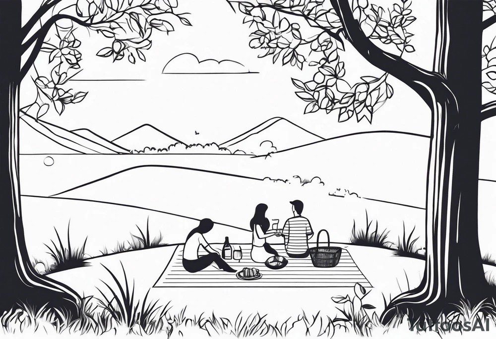 Very light and minimalstic picnic scene in nature. Thin lines. tattoo idea Very light and minimalstic picnic scene in nature. Thin lines. tattoo idea