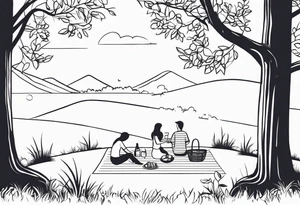 Very light and minimalstic picnic scene in nature. Thin lines. tattoo idea