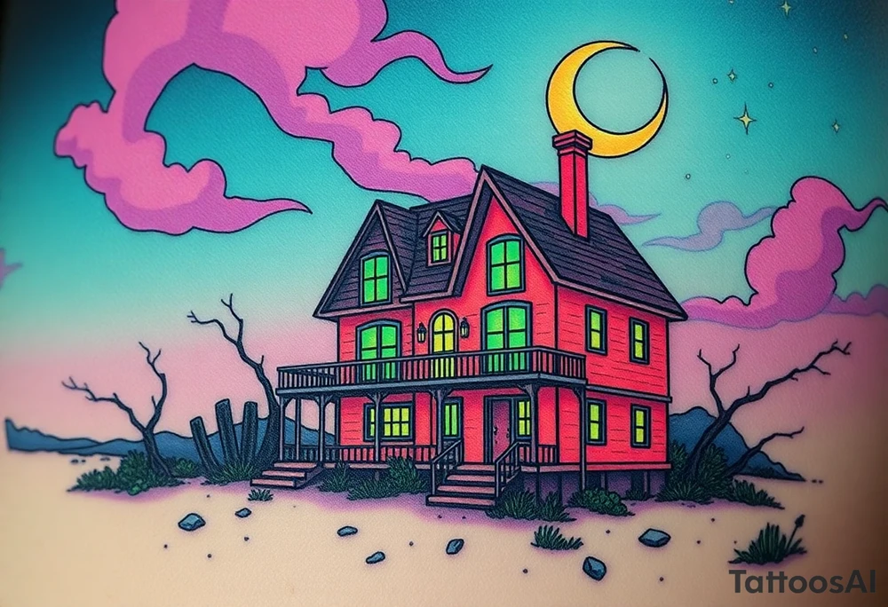 Tim Burton’s haunted pastel beach home is abandoned and dripping with muted reds, dusty pinks, and eerie green glow.purple and cyan smokey clouds swirl in the crescent moonlit sky thats sprinkled with stars tattoo idea tattoo idea