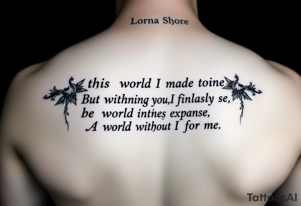 An upper arm tattoo for a man in the style of Ryan Ashley Malarkey with the lyrics, "In this world I made to be infinite
But within the expanse, I finally see
A world without you isn't meant for me", from the band Lorna Shore with their dark forest imagery and aesthetics. tattoo idea