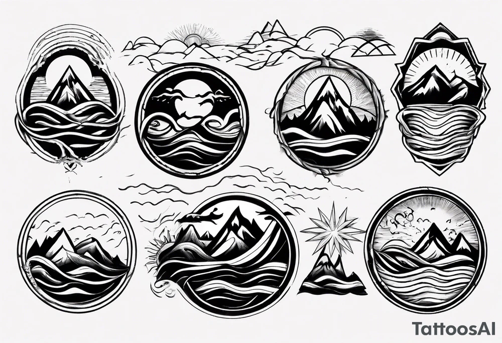 mountain with waves and sun tattoo idea