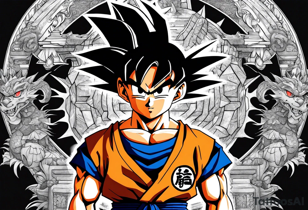 Son-Goku as a child in the foreground and an older version of him as a super saiyajin behind him. A huge dragonball surrounds the whole scenery. Fokus friends are surrounding him as shadows tattoo idea