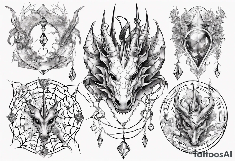 Dragon spiral spiderweb shattered chalices jewels and unicorn horn tattoo idea